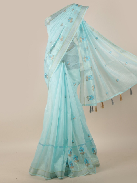 

Pothys Blue & Silver-Toned Floral Embroidered Zari Border Saree