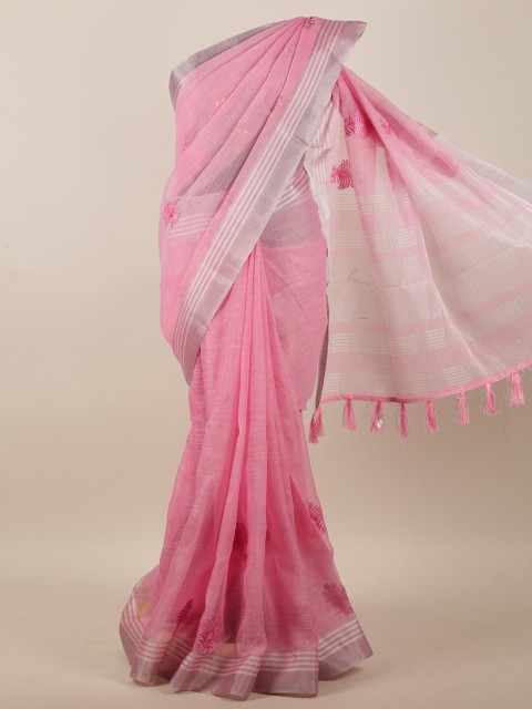 

Pothys Pink & Grey Floral Embroidered Linen Blend Saree