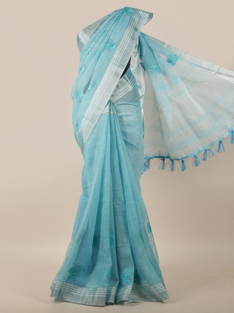

Pothys Blue & Silver-Toned Floral Embroidered Linen Blend Saree