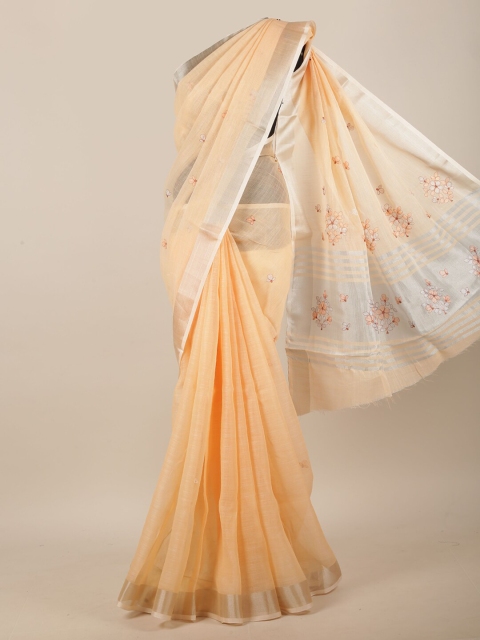 

Pothys Peach-Coloured & Silver-Toned Floral Embroidered Linen Blend Saree