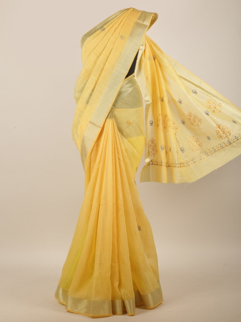 

Pothys Yellow & Gold-Toned Floral Embroidered Saree
