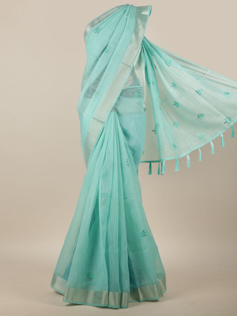 

Pothys Green & Silver-Toned Floral Embroidered Saree