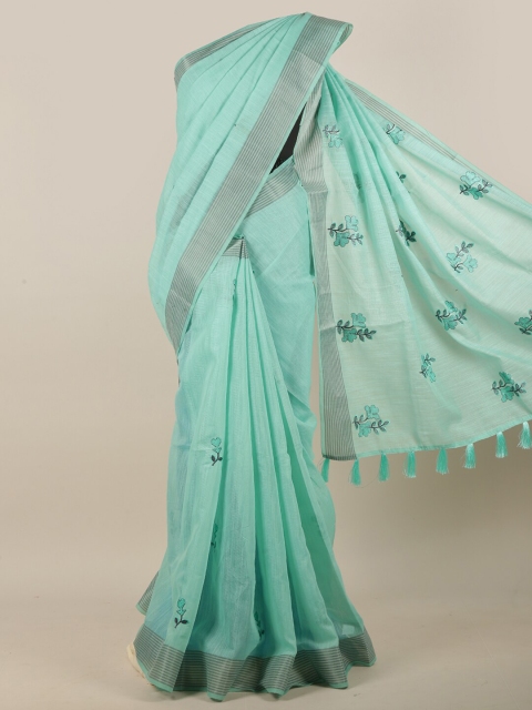 

Pothys Sea Green & Silver-Toned Floral Embroidered Saree