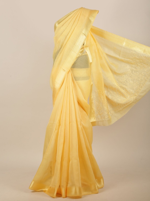 

Pothys Yellow & Gold-Toned Floral Embroidered Saree