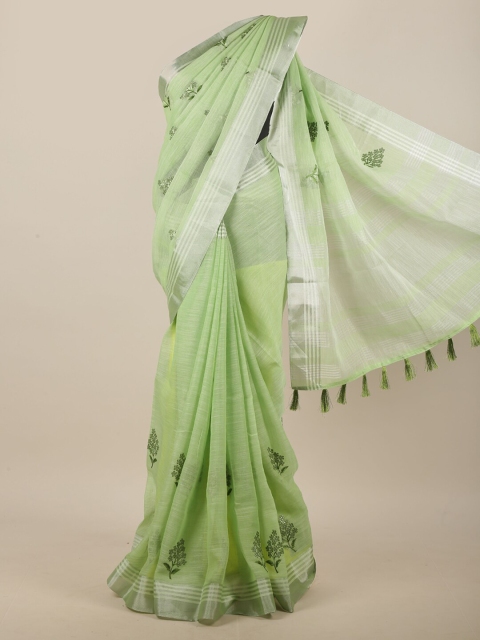 

Pothys Green & Silver-Toned Floral Embroidered Linen Blend Saree
