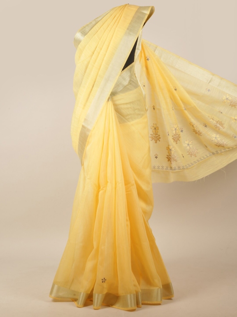 

Pothys Yellow & Silver-Toned Floral Embroidered Saree