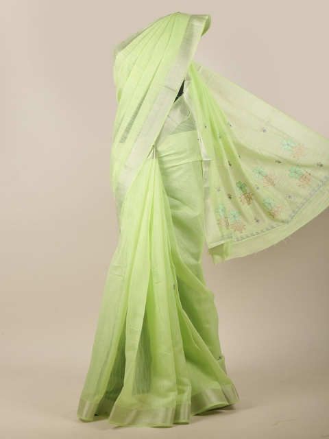 

Pothys Green & Silver-Toned Floral Embroidered Saree