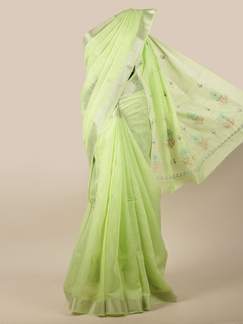 

Pothys Sea Green & Silver-Toned Floral Embroidered Saree