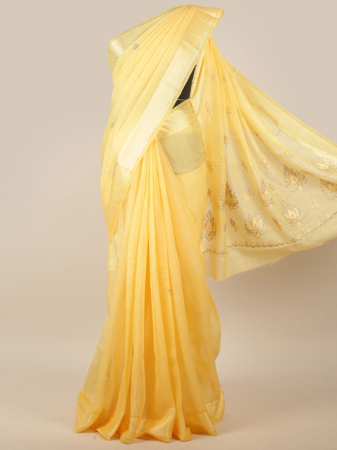 

Pothys Yellow & Silver-Toned Floral Embroidered Saree