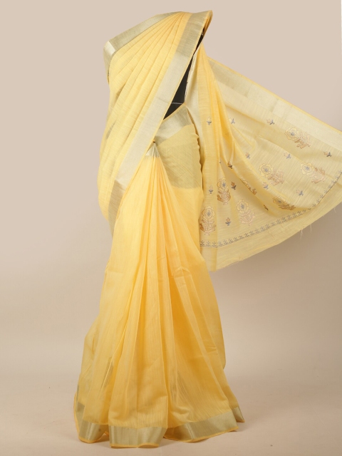 

Pothys Yellow & Silver-Toned Floral Embroidered Zari Border Saree