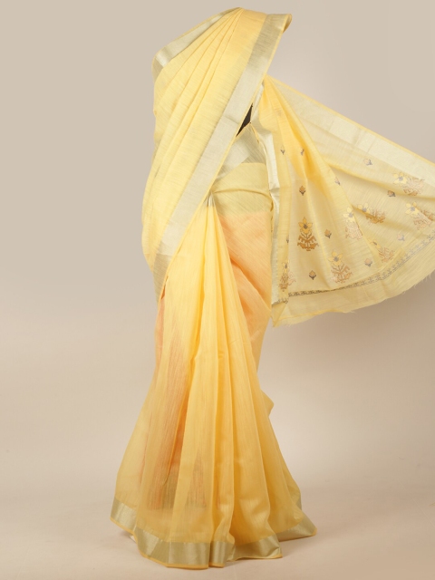 

Pothys Yellow & Silver-Toned Floral Embroidered Saree