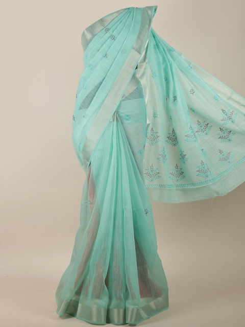 

Pothys Green Floral Embroidered Cotton Blend Saree, Sea green