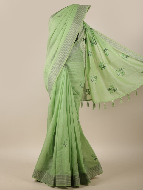 

Pothys Green Floral Embroidered Linen Blend Saree