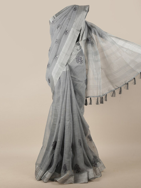 

Pothys Grey Ethnic Motifs Embroidered Linen Blend Saree