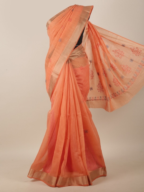 

Pothys Orange Floral Embroidered Linen Blend Saree