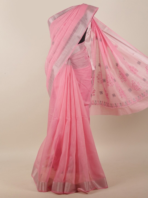 

Pothys Pink Floral Embroidered Linen Blend Saree