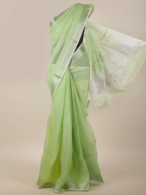 

Pothys Green Floral Embroidered Linen Blend Saree