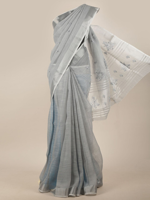 

Pothys Grey Floral Embroidered Linen Blend Saree