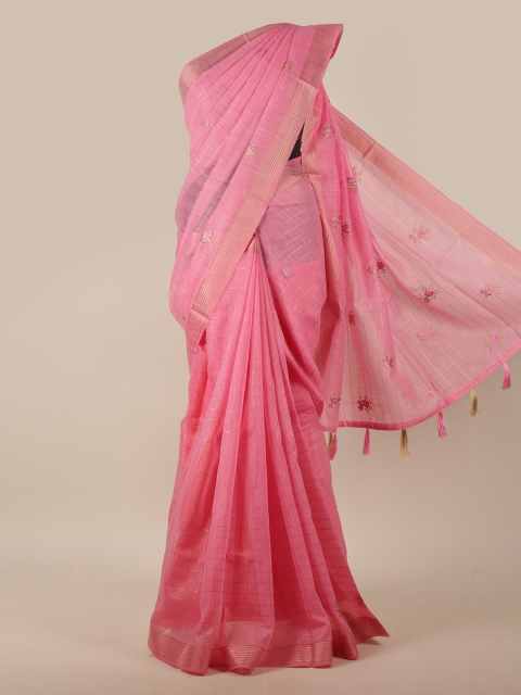 

Pothys Pink & Gold-Toned Floral Embroidered Cotton Blend Saree