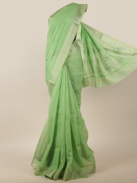 

Pothys Green Floral Embroidered Cotton Blend Saree, Sea green