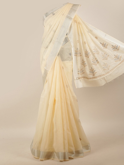 

Pothys Cream-Coloured Floral Embroidered Cotton Blend Saree