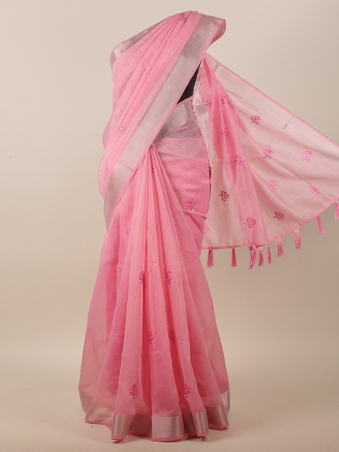 

Pothys Pink & Silver-Toned Floral Embroidered Cotton Blend Saree