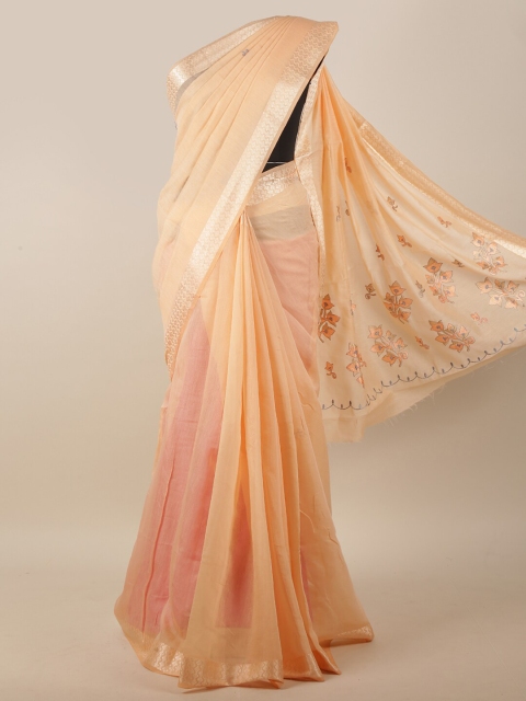 

Pothys Peach-Coloured Floral Embroidered Cotton Blend Saree