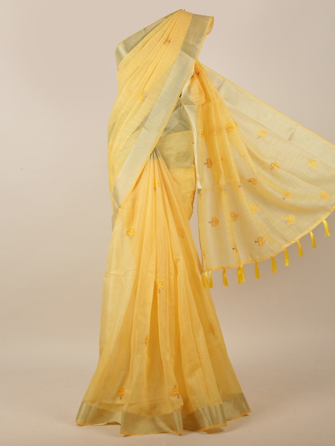 

Pothys Yellow Floral Embroidered Cotton Blend Saree