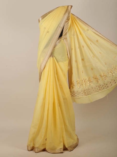 

Pothys Yellow Floral Embroidered Cotton Blend Saree