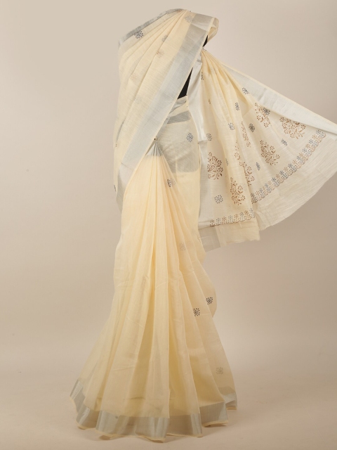 

Pothys Cream-Coloured Floral Embroidered Linen Blend Saree
