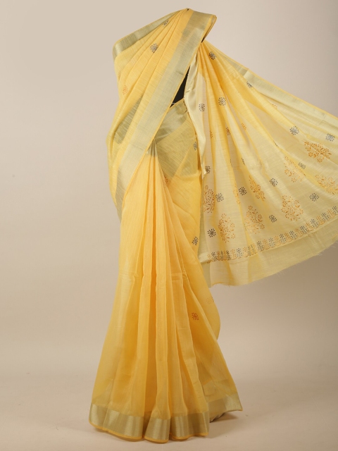 

Pothys Yellow Floral Embroidered Linen Blend Saree