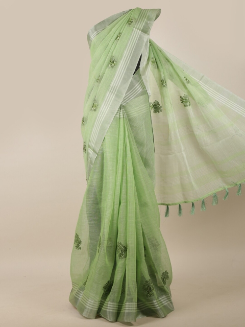 

Pothys Green & Silver-Toned Ethnic Motifs Embroidered Linen Blend Saree, Sea green