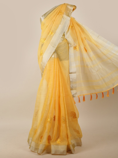 

Pothys Yellow & Silver-Toned Ethnic Motifs Embroidered Linen Blend Saree