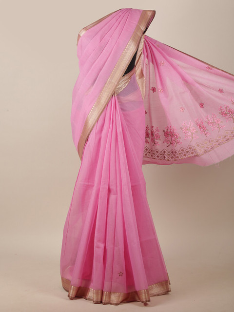 

Pothys Pink & Gold-Toned Floral Embroidered Cotton Blend Saree