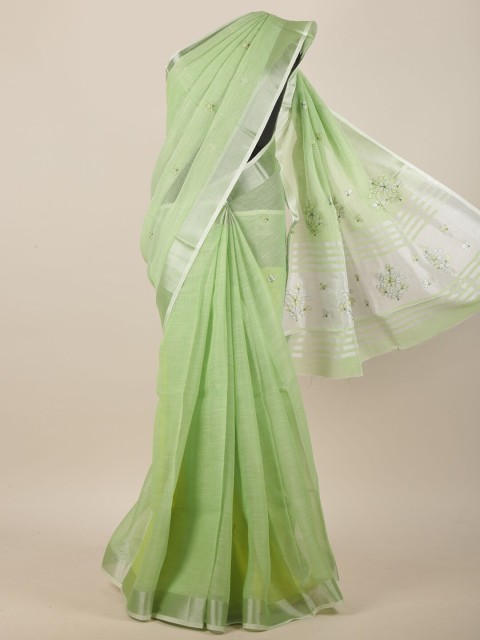 

Pothys Green Floral Embroidered Linen Blend Saree
