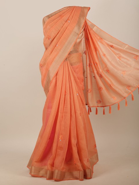 

Pothys Orange Floral Embroidered Cotton Blend Saree