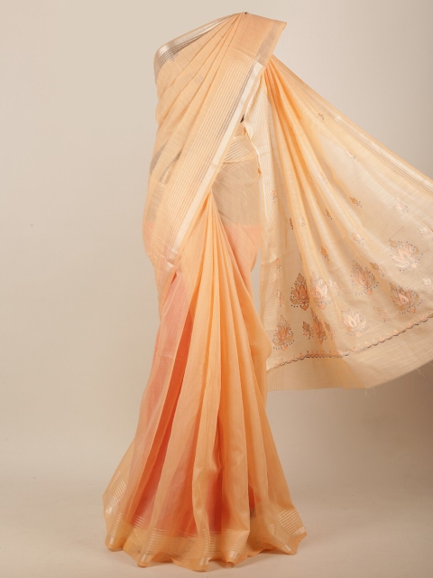 

Pothys Peach-Coloured Ethnic Motifs Embroidered Cotton Blend Saree
