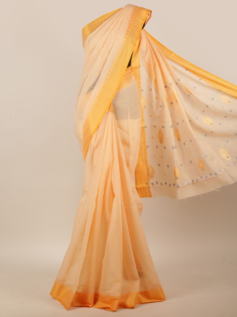 

Pothys Peach-Coloured Ethnic Motifs Embroidered Cotton Blend Saree