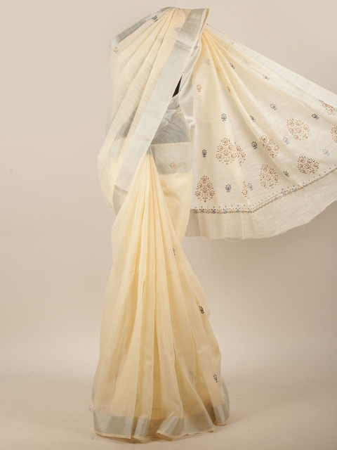 

Pothys Cream-Coloured Floral Embroidered Cotton Blend Saree