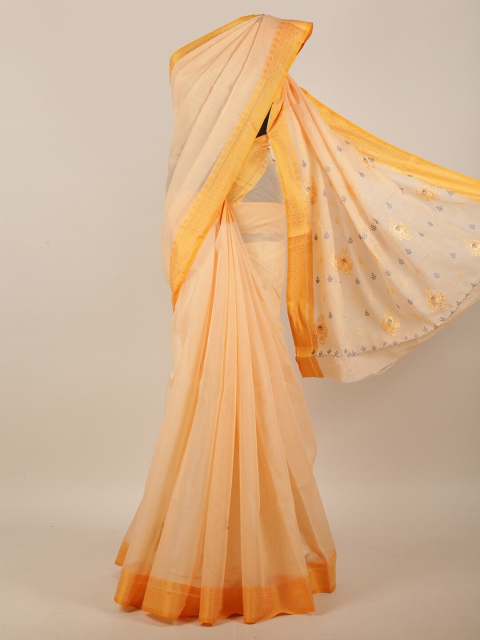 

Pothys Peach-Coloured Floral Embroidered Cotton Blend Saree