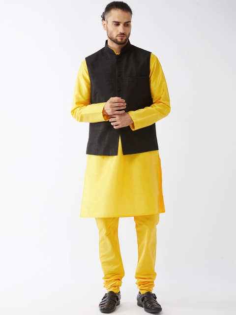 

VASTRAMAY Men Yellow Layered Kurta Pyjamas with Jacket