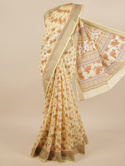 

Pothys Cream-Coloured & Brown Floral Printed Cotton Blend Saree