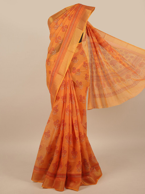 

Pothys Orange & Gold-Toned Floral Printed Cotton Blend Saree