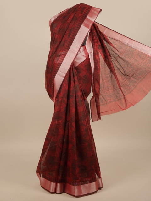 

Pothys Maroon & Silver-Toned Ethnic Motifs Printed Cotton Blend Saree