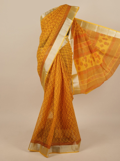 

Pothys Yellow & Silver-Toned Ethnic Motifs Printed Cotton Blend Saree