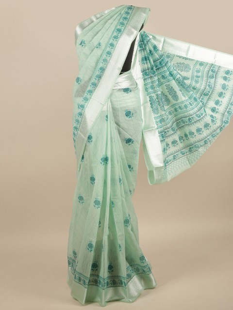 

Pothys Green & Silver-Toned Floral Printed Cotton Blend Saree