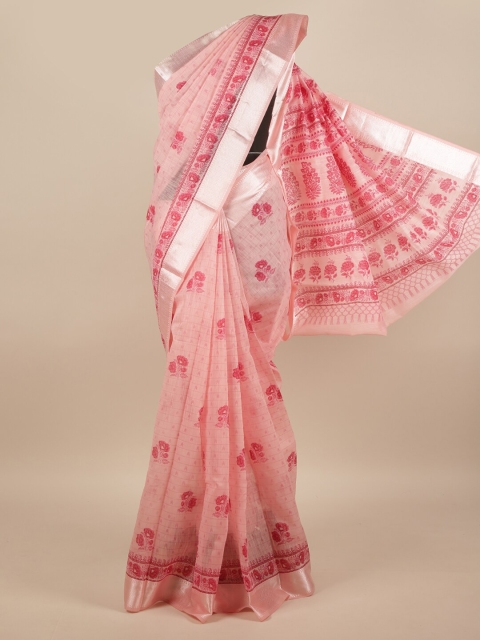 

Pothys Pink & Silver-Toned Floral Printed Cotton Blend Saree