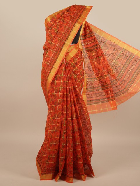 

Pothys Orange & Green Floral Printed Cotton Blend Saree