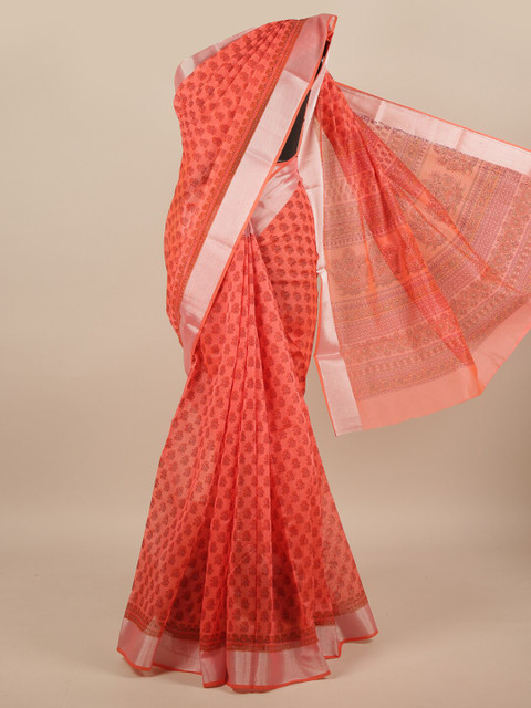 

Pothys Peach-Coloured & Silver-Toned Floral Printed Cotton Blend Saree