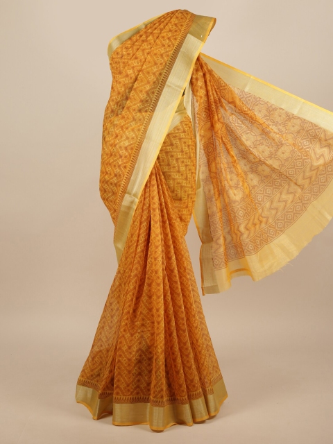 

Pothys Mustard & Gold-Toned Abstract Printed Cotton Blend Saree